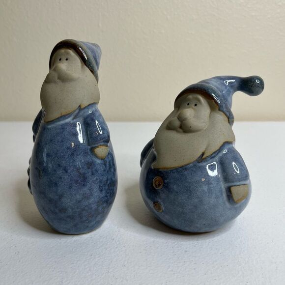 Pair Stoneware Pottery Santas Blue Coats Tall and Short Round Whimsical Folky - Picture 3 of 12